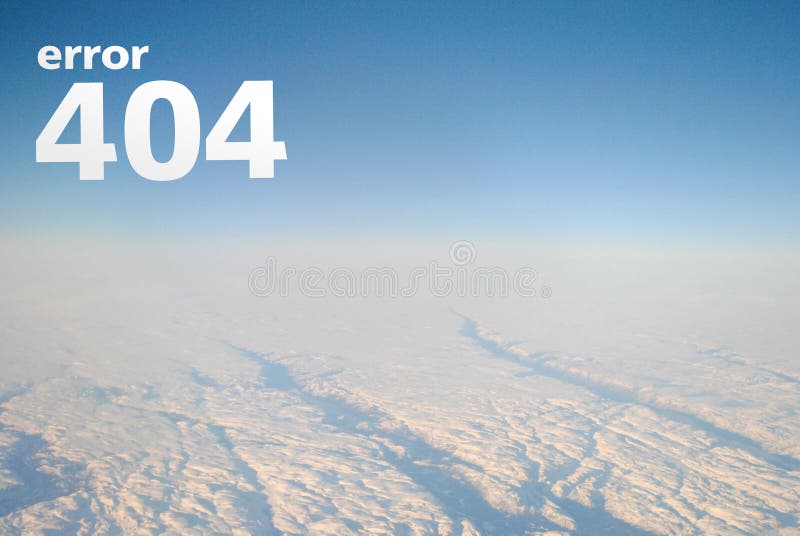 Error page 404 for the website, sky and clouds view from the aircraft, white letters inscription `Error 404`. The stock photo