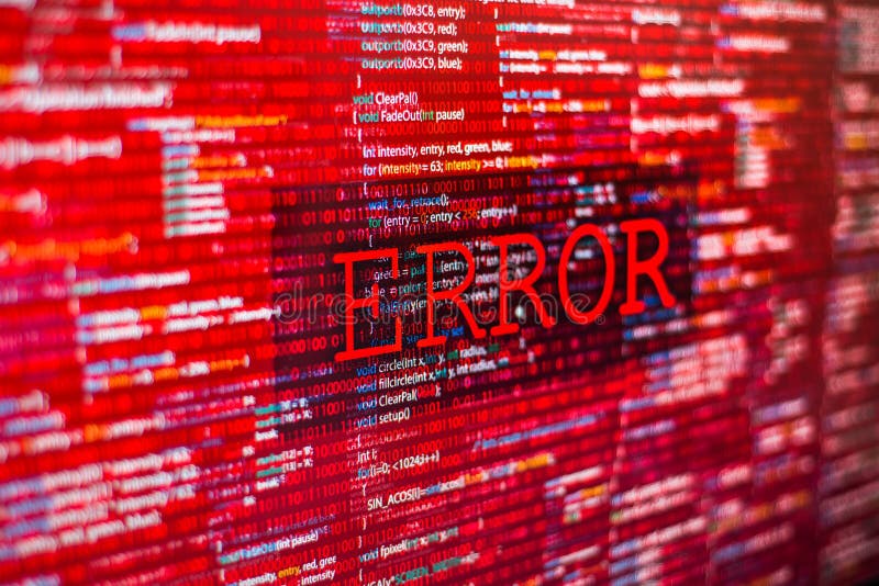 Error in program code listing, red crash on software developer screen. Source code script stock images, royalty-free photos and pictures
