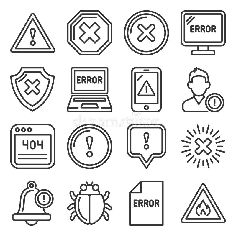 Error and Warning Icons Set on White Background. Line Style Vector stock illustration