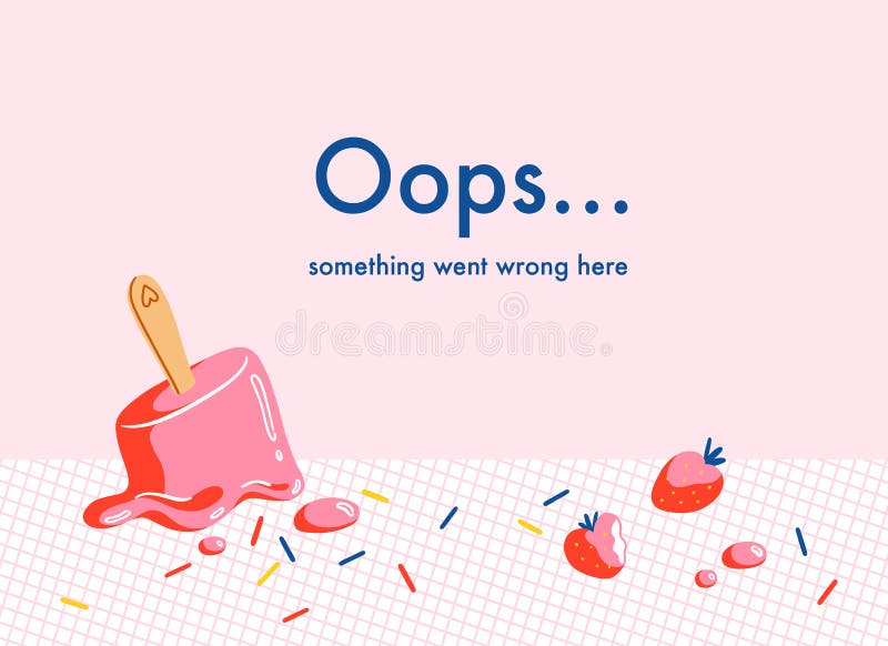 Error web page with melting strawberry ice cream, vector background