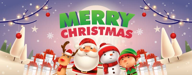 Merry Christmas text with Santa clause Rudolf the rain deer snowman with red scurf red gift box pine tree with snow snow flakes