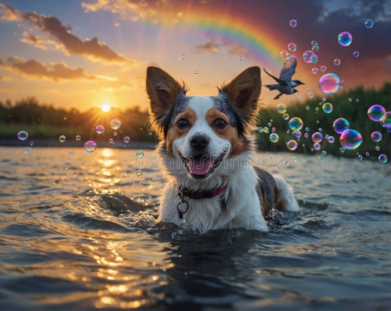 Erschaffenes Bild eines Hundes, der Wasserspielen genießt vektor abbildung