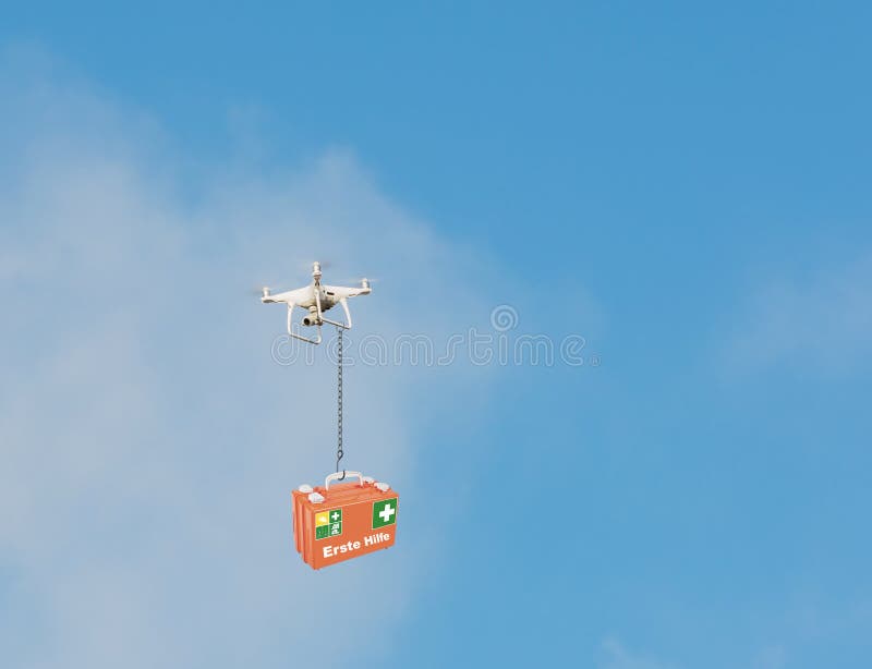 Erste Hilfe, texto alemão para primeiros socorros, zangão voa à cena com um kit de primeiros socorros fotos de stock Erste Hilfe, texto alemão para primeiros socorros, zangão voa à cena com um kit de primeiros socorros fotos de stock