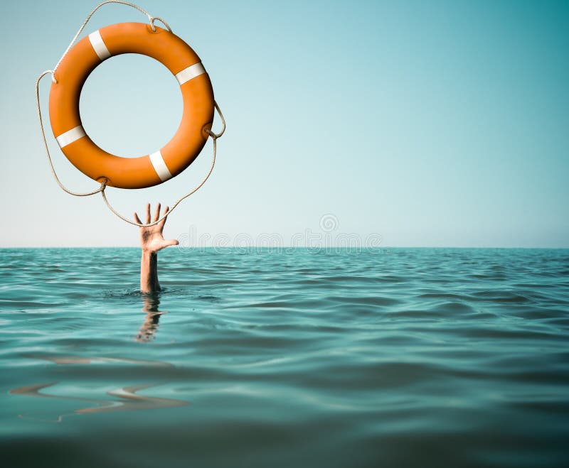Ertrinken Sie Mann mit der rised Hand, die Rettungsringhilfe im Meer erhält stockfotografie