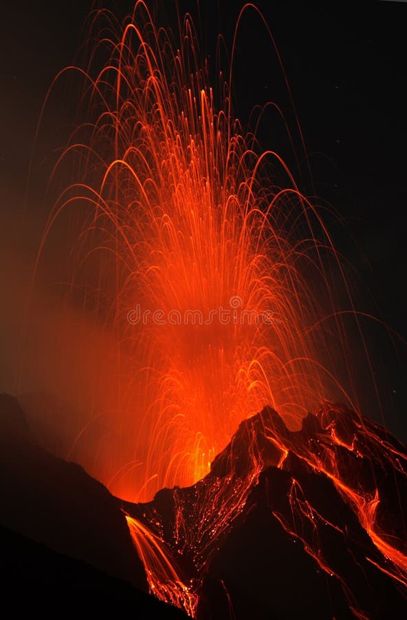 Picture of volcano stromboli with its typical eruptions. View from old route on height 600 m. Picture of volcano stromboli with its typical eruptions. View from old route on height 600 m.