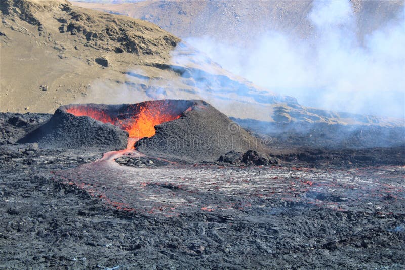 On 3 August 2022, another eruption began at Fagradalsfjall. It erupted over a lava flow from the 2021 eruption. The lava flows into the Meradalir valleys. On 3 August 2022, another eruption began at Fagradalsfjall. It erupted over a lava flow from the 2021 eruption. The lava flows into the Meradalir valleys.