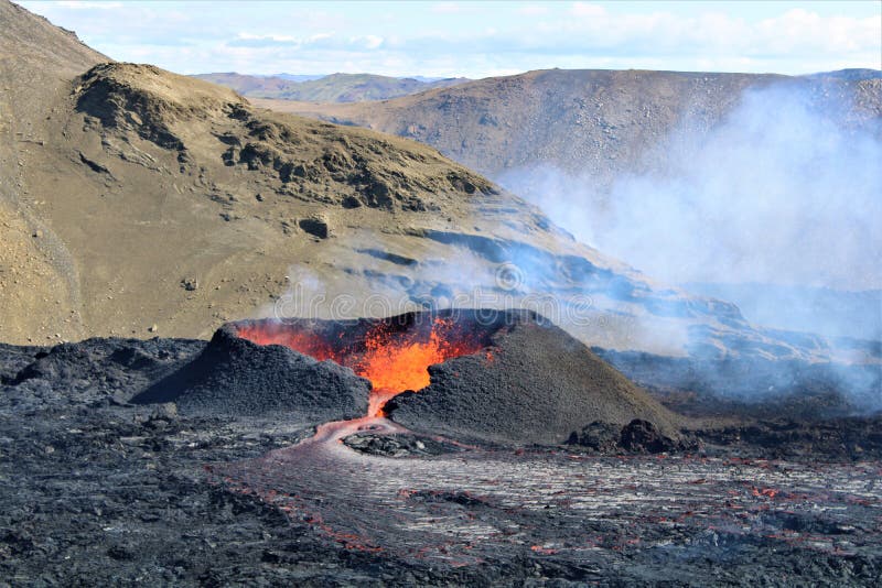 On 3 August 2022, another eruption began at Fagradalsfjall. It erupted over a lava flow from the 2021 eruption. The lava flows into the Meradalir valleys. On 3 August 2022, another eruption began at Fagradalsfjall. It erupted over a lava flow from the 2021 eruption. The lava flows into the Meradalir valleys.