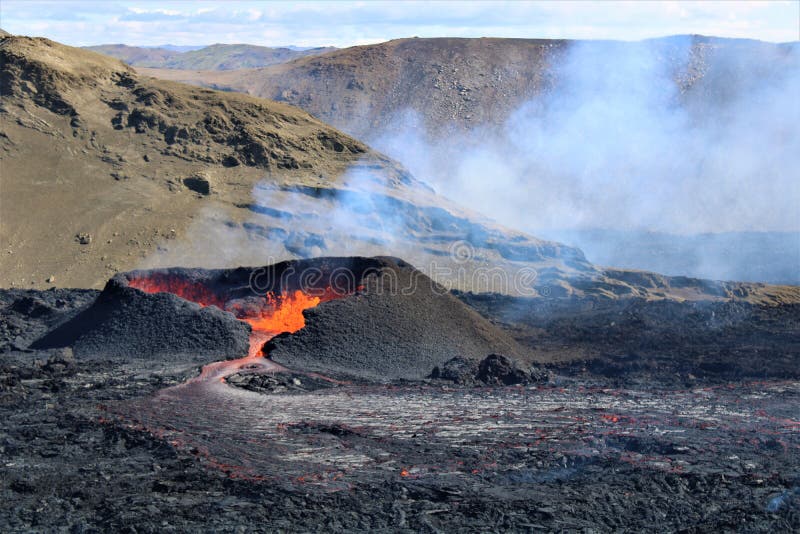 On 3 August 2022, another eruption began at Fagradalsfjall. It erupted over a lava flow from the 2021 eruption. The lava flows into the Meradalir valleys. On 3 August 2022, another eruption began at Fagradalsfjall. It erupted over a lava flow from the 2021 eruption. The lava flows into the Meradalir valleys.