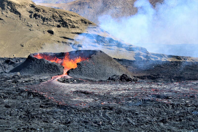 On 3 August 2022, another eruption began at Fagradalsfjall. It erupted over a lava flow from the 2021 eruption. The lava flows into the Meradalir valleys. On 3 August 2022, another eruption began at Fagradalsfjall. It erupted over a lava flow from the 2021 eruption. The lava flows into the Meradalir valleys.