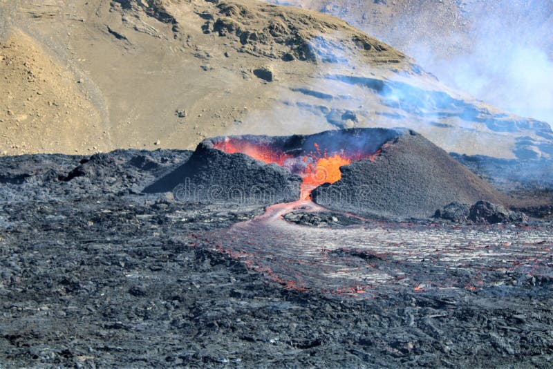 On 3 August 2022, another eruption began at Fagradalsfjall. It erupted over a lava flow from the 2021 eruption. The lava flows into the Meradalir valleys. On 3 August 2022, another eruption began at Fagradalsfjall. It erupted over a lava flow from the 2021 eruption. The lava flows into the Meradalir valleys.