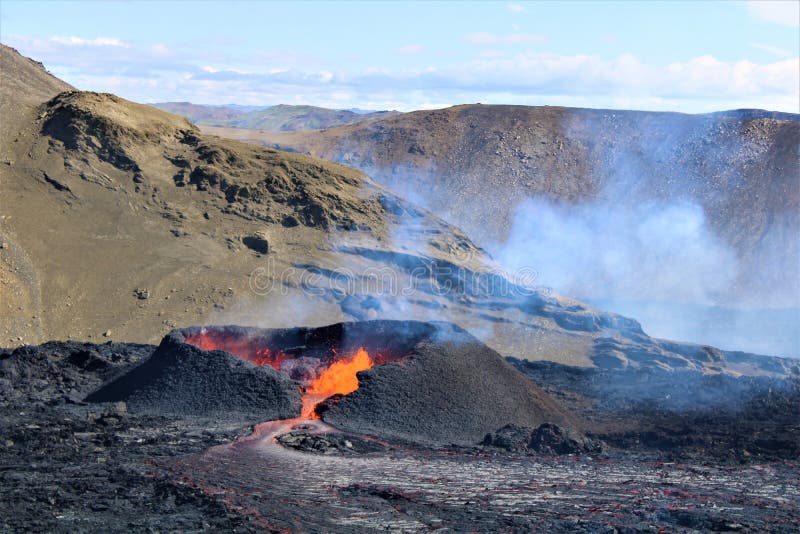 On 3 August 2022, another eruption began at Fagradalsfjall. It erupted over a lava flow from the 2021 eruption. The lava flows into the Meradalir valleys. On 3 August 2022, another eruption began at Fagradalsfjall. It erupted over a lava flow from the 2021 eruption. The lava flows into the Meradalir valleys.