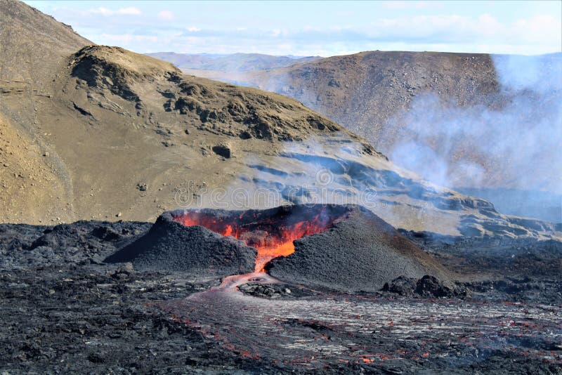 On 3 August 2022, another eruption began at Fagradalsfjall. It erupted over a lava flow from the 2021 eruption. The lava flows into the Meradalir valleys. On 3 August 2022, another eruption began at Fagradalsfjall. It erupted over a lava flow from the 2021 eruption. The lava flows into the Meradalir valleys.