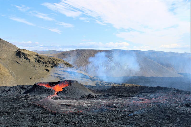 On 3 August 2022, another eruption began at Fagradalsfjall. It erupted over a lava flow from the 2021 eruption. The lava flows into the Meradalir valleys. On 3 August 2022, another eruption began at Fagradalsfjall. It erupted over a lava flow from the 2021 eruption. The lava flows into the Meradalir valleys.