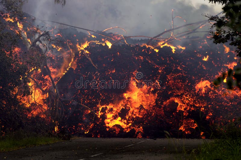 Lava is crossing the national road near Saint-Philippe village. Lava is crossing the national road near Saint-Philippe village