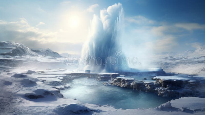Eruzione artica : un maestoso geyser che libera energia nel deserto di neve illustrazione di stock