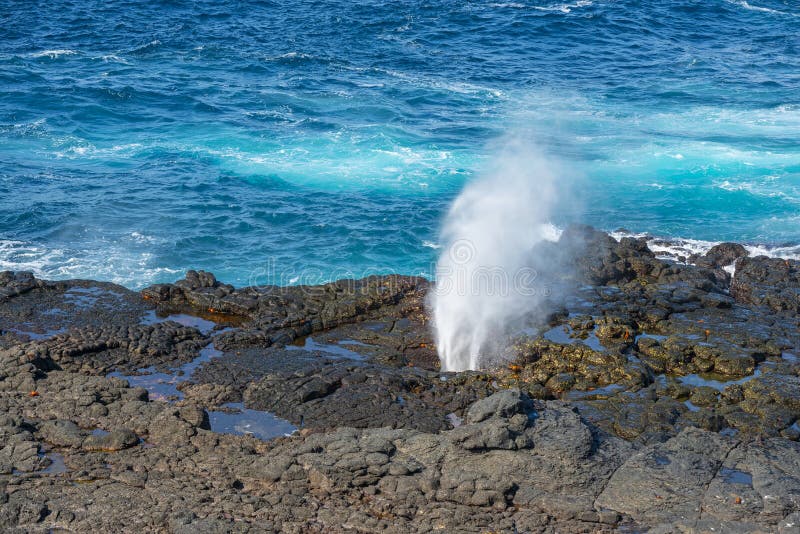 Eruzione della soffiatura dall'oceano Pacifico, Galapagos, Ecuador fotografie stock libere da diritti Eruzione della soffiatura dall'oceano Pacifico, Galapagos, Ecuador fotografie stock libere da diritti