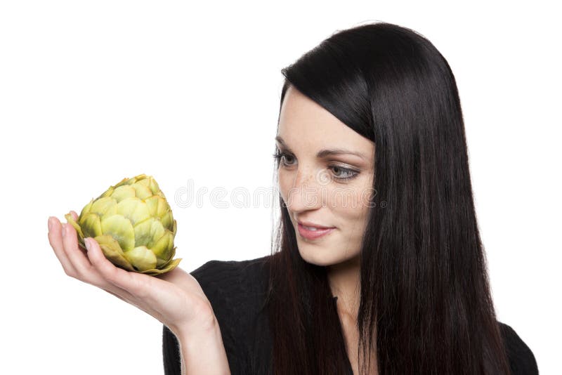 Erzeugnis - Gemüsefrau mit Artischocke lizenzfreies stockbild Erzeugnis - Gemüsefrau mit Artischocke lizenzfreies stockbild