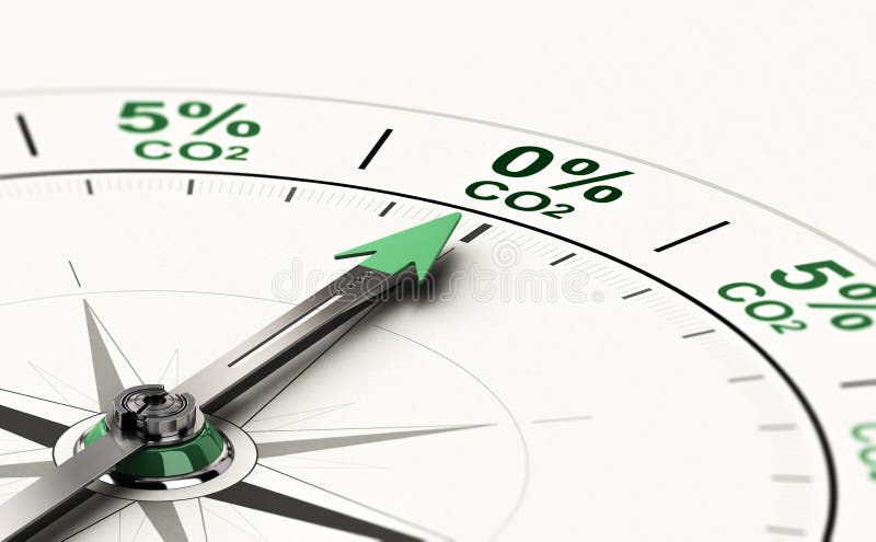 3D illustration of conceptual compass with needle pointing 0 percent of CO2. Concept of decarbonization. 3D illustration of conceptual compass with needle pointing 0 percent of CO2. Concept of decarbonization