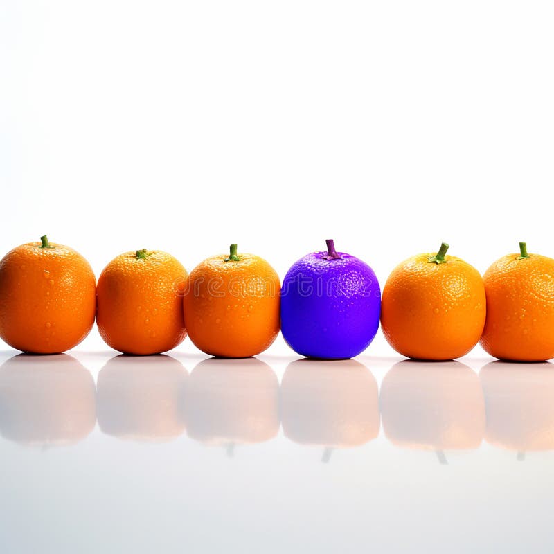 Es gibt viele identische Orangen in einer Reihe und eine blaue darunter. lizenzfreie abbildung