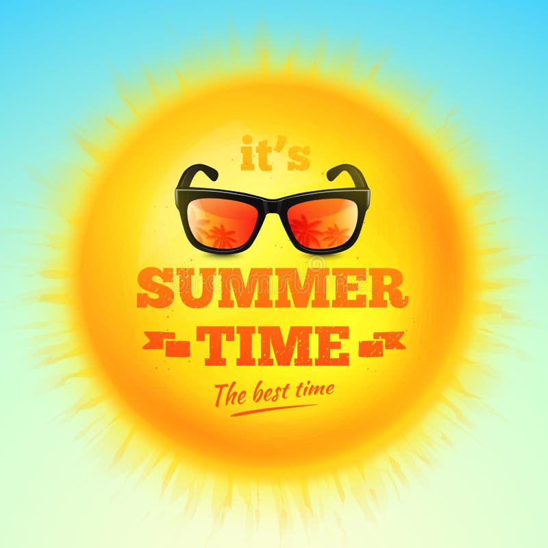 Es inscripción tipográfica del tiempo de verano con las gafas de sol en el sol realista 3D Ilustración del vector stock de ilustración Es inscripción tipográfica del tiempo de verano con las gafas de sol en el sol realista 3D Ilustración del vector stock de ilustración