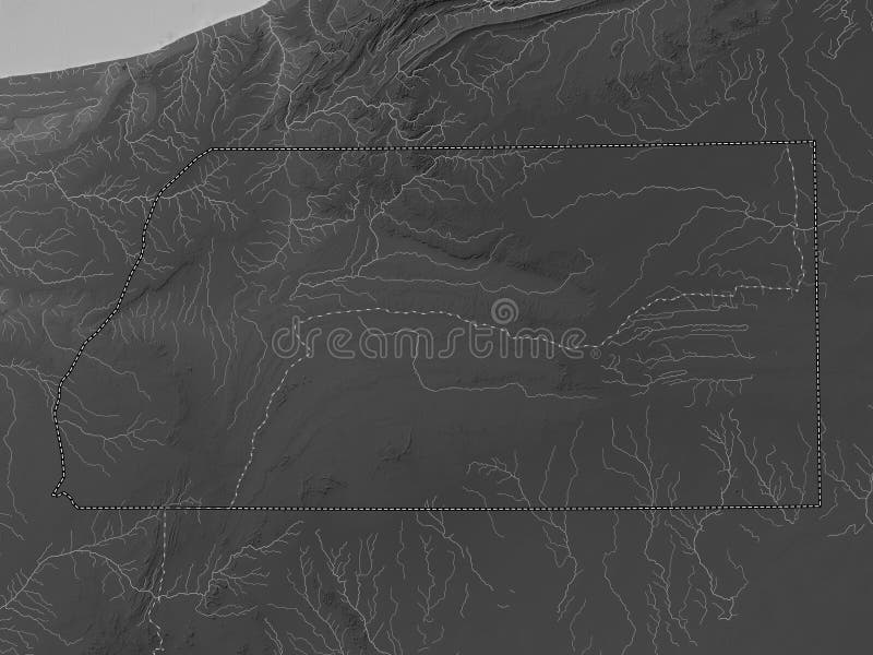 Es Semara, province of Western Sahara. Grayscale elevation map with lakes and rivers. Es Semara, province of Western Sahara. Grayscale elevation map with lakes and rivers