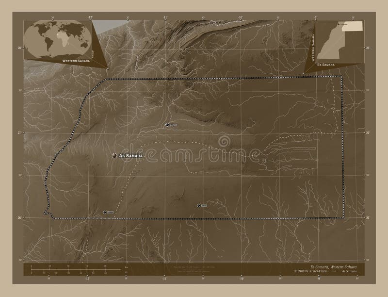 Es Semara, province of Western Sahara. Elevation map colored in sepia tones with lakes and rivers. Locations and names of major cities of the region. Corner auxiliary location maps. Es Semara, province of Western Sahara. Elevation map colored in sepia tones with lakes and rivers. Locations and names of major cities of the region. Corner auxiliary location maps