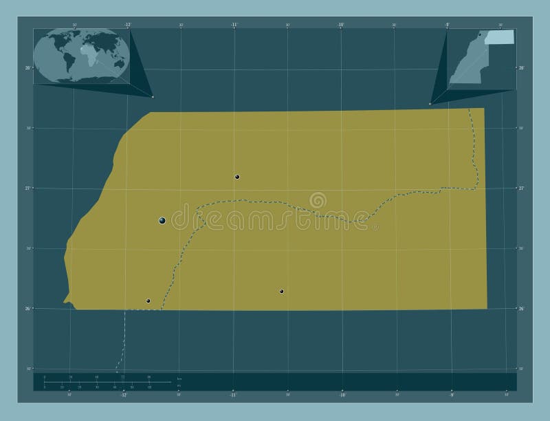 Es Semara, province of Western Sahara. Solid color shape. Locations of major cities of the region. Corner auxiliary location maps. Es Semara, province of Western Sahara. Solid color shape. Locations of major cities of the region. Corner auxiliary location maps