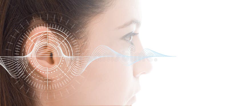 Esame di udienza che prova orecchio della giovane donna con tecnologia di simulazione delle onde sonore