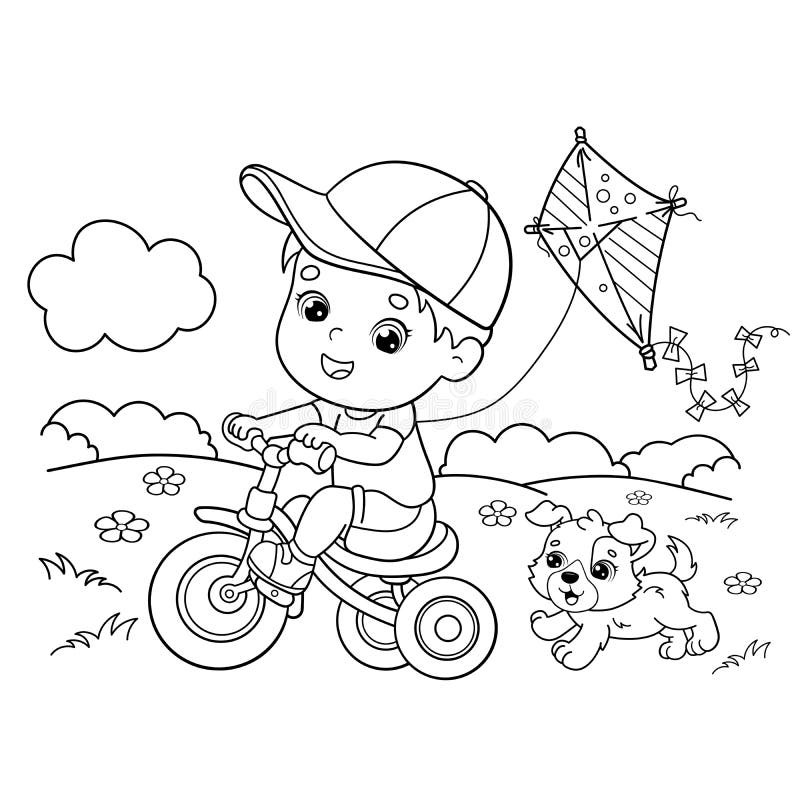 Esboço Da Página De Colorir De Um Garoto De Desenho Animado Andando De  Bicicleta Ou Bicicleta Com Um Cachorro. Sala De Jogos E Bri Ilustração do  Vetor - Ilustração de brinquedos, animal