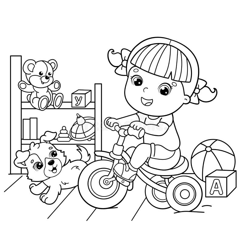 Esboço Da Página De Colorir De Um Garoto De Desenho Animado Andando De  Bicicleta Ou Bicicleta Com Um Cachorro. Sala De Jogos E Bri Ilustração do  Vetor - Ilustração de brinquedos, animal