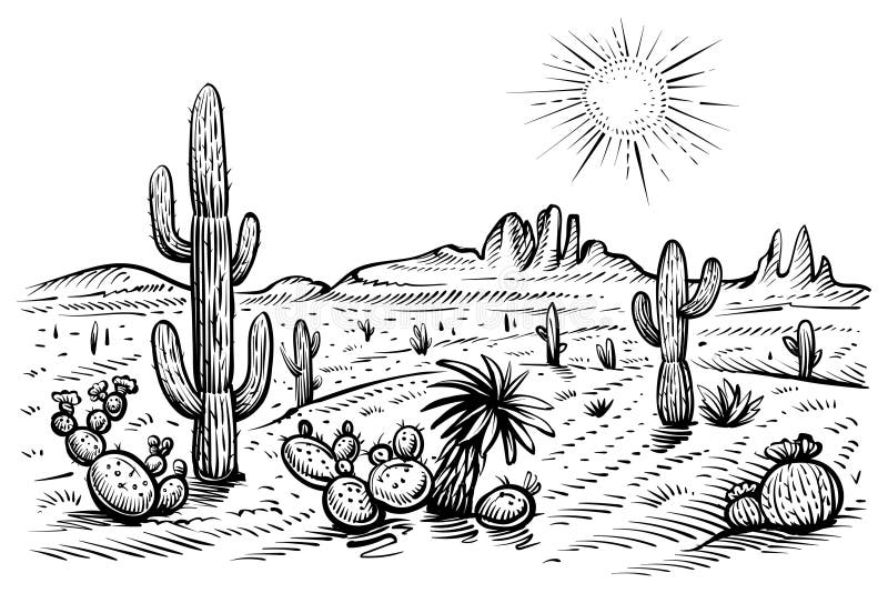 Vetores de Página De Colorir Com Paisagem Do Deserto Do Arizona Desenhado À  Mão Em Preto E Branco Linha Deserto Com Saguaro E Cactos De Opuntia  Florescendo Em Frente Às Montanhas E