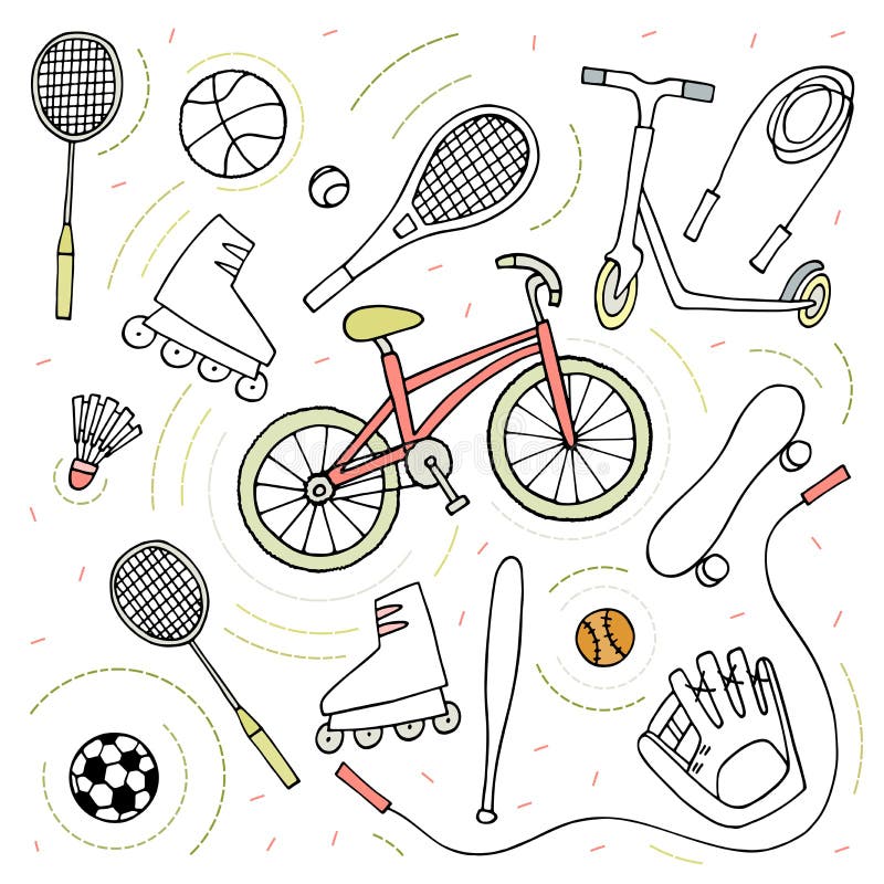 Esbo?o do estilo da garatuja Bicicleta da atividade do esporte, patins de rolo, 'trotinette', skate, bolas, raquetes de tênis, co ilustração stock Esbo?o do estilo da garatuja Bicicleta da atividade do esporte, patins de rolo, 'trotinette', skate, bolas, raquetes de tênis, co ilustração stock