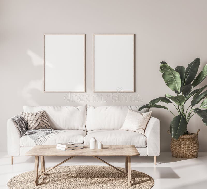 Esbofeteie cartaz na sala de estar escandinava com sofá bege