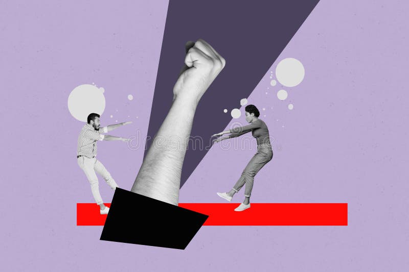 Esbozo de arte creativo collage de imágenes de gesto de la mano grande puño de gran tamaño pareja joven mujer de pareja volar dife fotos de archivo libres de regalías