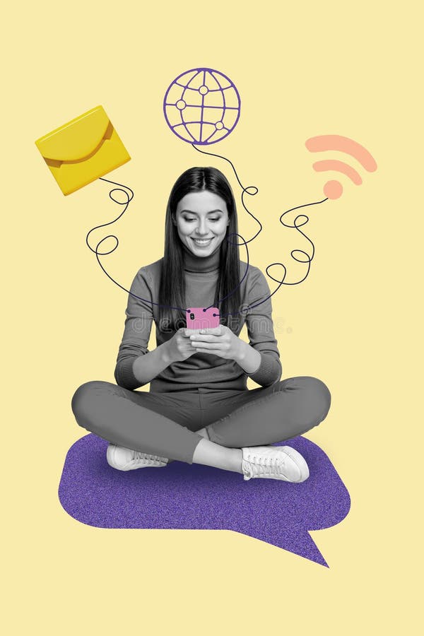 Esbozo de imagen de moda de arte collage de fotos de la joven se sientan sonriendo chateando el correo electrónico de un smartphon fotografía de archivo