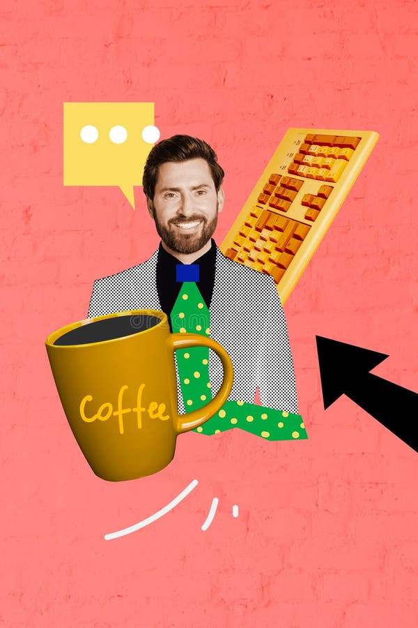 Esbozo de plantilla de collage de arte de moda de joven sonrisa punto de flecha teclado voz nube café taza de emprendedor foto de archivo libre de regalías