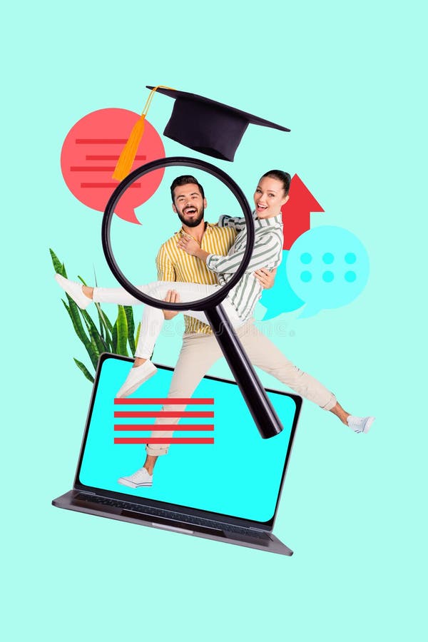 Esbozo vertical 3d póster de collage de chicas felices hombre de pie dispositivo portátil aprende de maestría en educación ilustración del vector