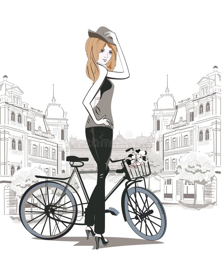 Esboço da menina nova da forma com uma bicicleta ilustração do vetor Esboço da menina nova da forma com uma bicicleta ilustração do vetor