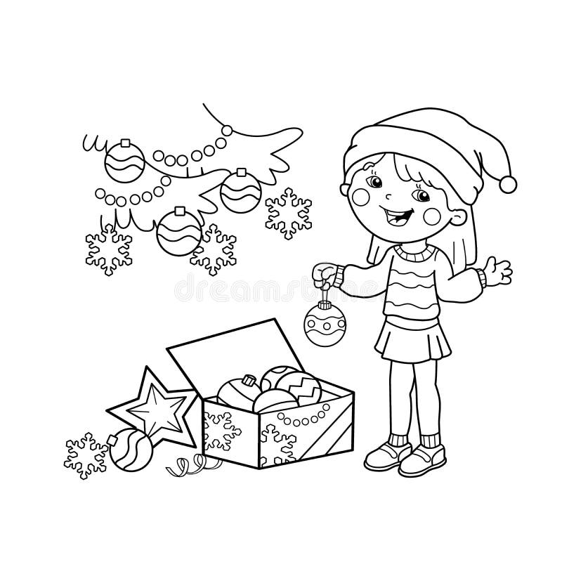 Esboço da página da coloração da menina dos desenhos animados que decora a árvore de Natal com ornamento e presentes Natal Ano no ilustração stock Esboço da página da coloração da menina dos desenhos animados que decora a árvore de Natal com ornamento e presentes Natal Ano no ilustração stock