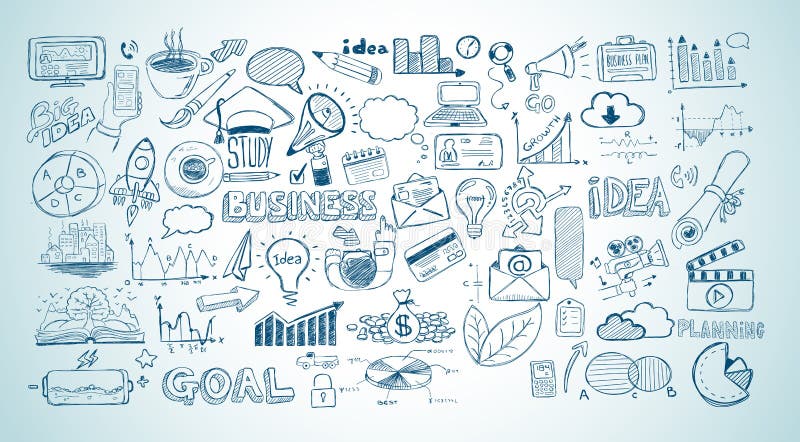 Esboço das garatujas do negócio ajustado: elementos do infographics isolados, ilustração royalty free Esboço das garatujas do negócio ajustado: elementos do infographics isolados, ilustração royalty free