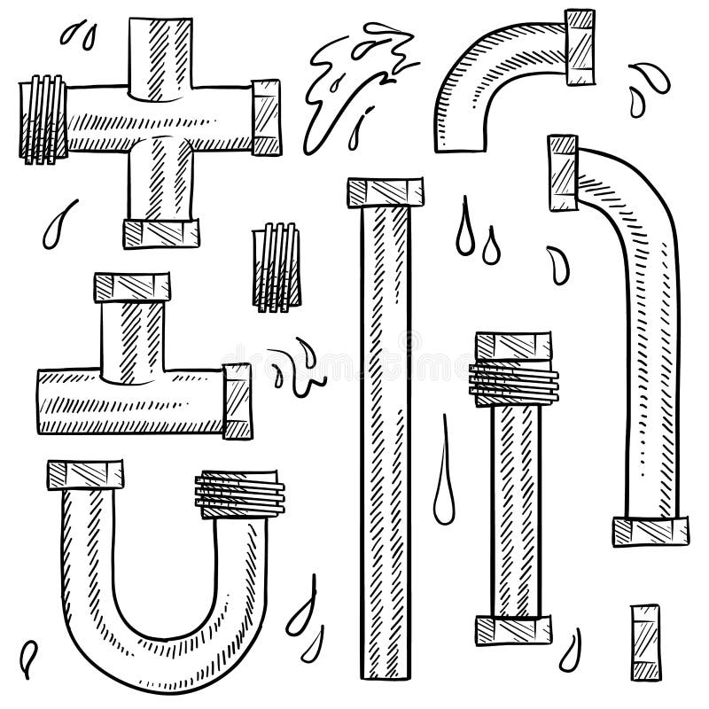 Doodle style water pipes sketch in vector format. Includes various pieces of pipe to make your own design. Doodle style water pipes sketch in vector format. Includes various pieces of pipe to make your own design.