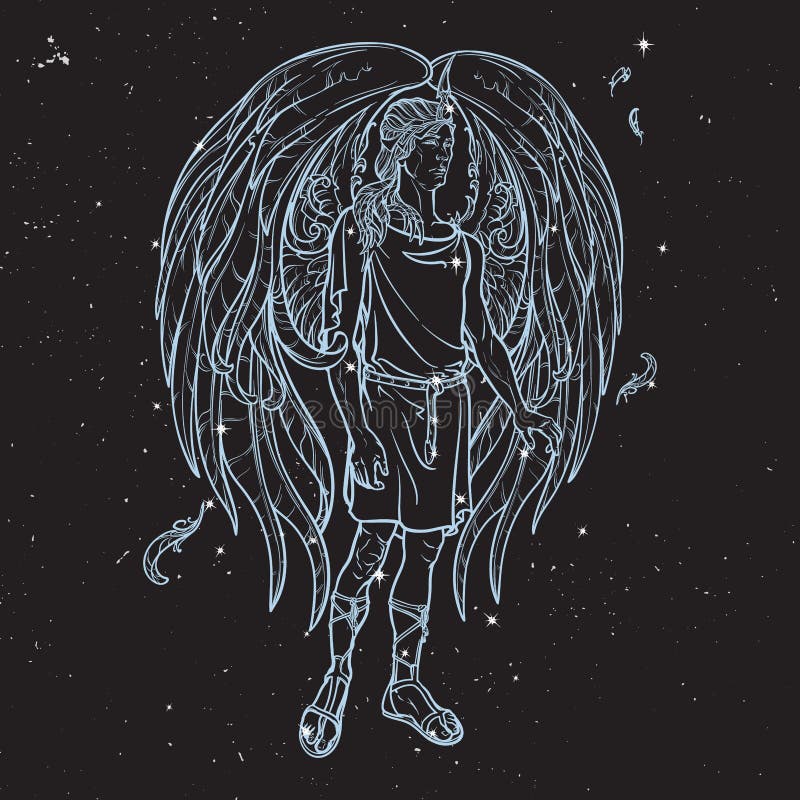 Esboço do anjo em um fundo preto do céu noturno ilustração stock Esboço do anjo em um fundo preto do céu noturno ilustração stock