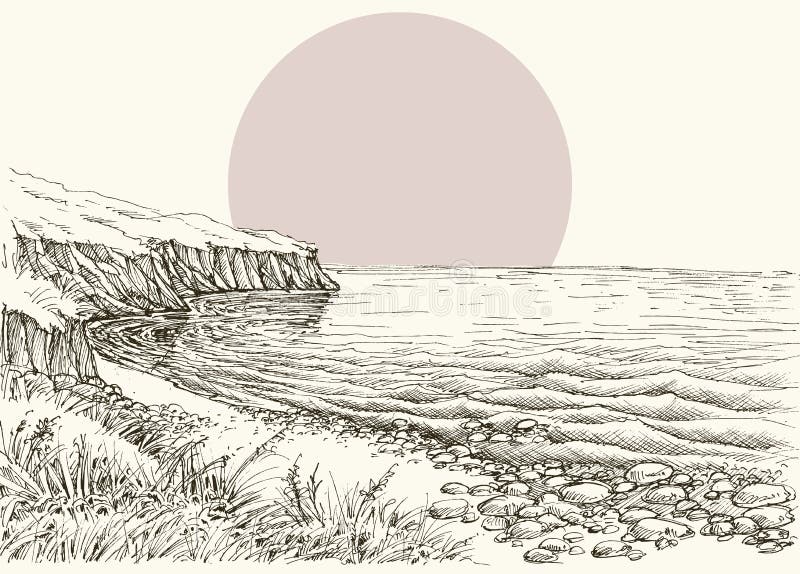 Esboço do mar, da praia e do penhasco ilustração stock Esboço do mar, da praia e do penhasco ilustração stock