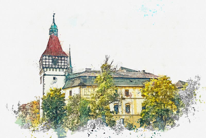 Esboço ou ilustração da aquarela Castelo bonito Blatna em República Checa ilustração do vetor Esboço ou ilustração da aquarela Castelo bonito Blatna em República Checa ilustração do vetor