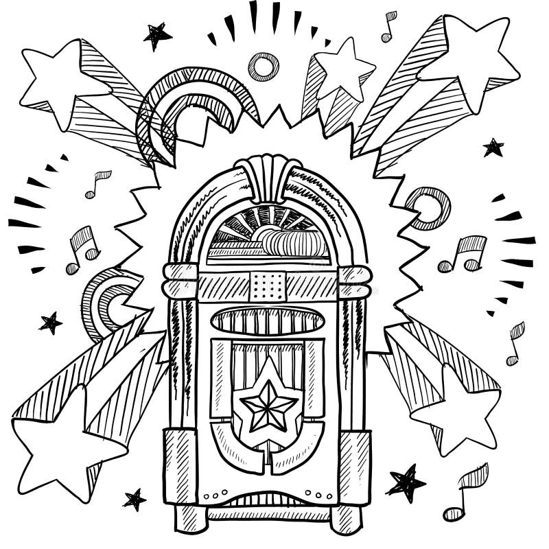 Esboço retro do LP do jukebox e do vinil ilustração do vetor Esboço retro do LP do jukebox e do vinil ilustração do vetor