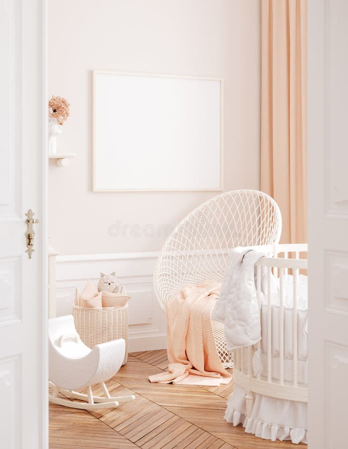 Mocku up frame in cozy girls nursery, Chic style interior background, 3d render. Mocku up frame in cozy girls nursery, Chic style interior background, 3d render