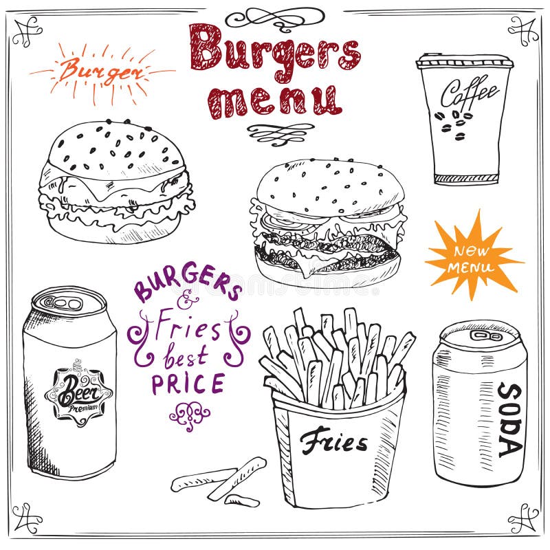 Esboço tirado mão do menu do hamburguer Cartaz do Fastfood com Hamburger, cheeseburger, varas da batata, lata de soda, caneca de ilustração royalty free Esboço tirado mão do menu do hamburguer Cartaz do Fastfood com Hamburger, cheeseburger, varas da batata, lata de soda, caneca de ilustração royalty free