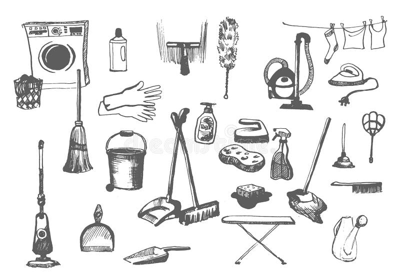 Esboço tirado mão do vetor da ilustração dos artigos da limpeza no fundo branco ilustração do vetor Esboço tirado mão do vetor da ilustração dos artigos da limpeza no fundo branco ilustração do vetor