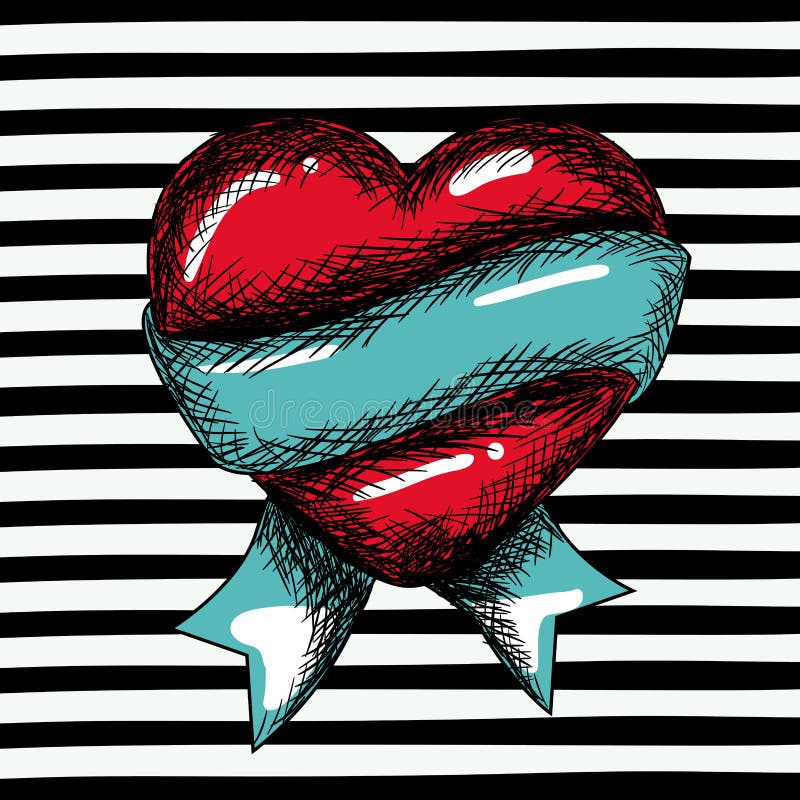 Esboço vermelho do coração com fita azul ao redor no pop art no fundo listrado preto ilustração do vetor Esboço vermelho do coração com fita azul ao redor no pop art no fundo listrado preto ilustração do vetor