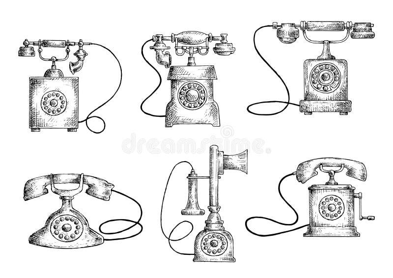 Esboços dos telefones do seletor giratório e do castiçal